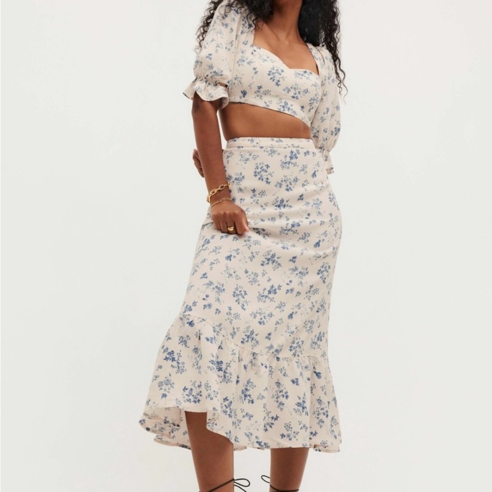 Reformation Cream Midi Skirt with Blue Floral Print
